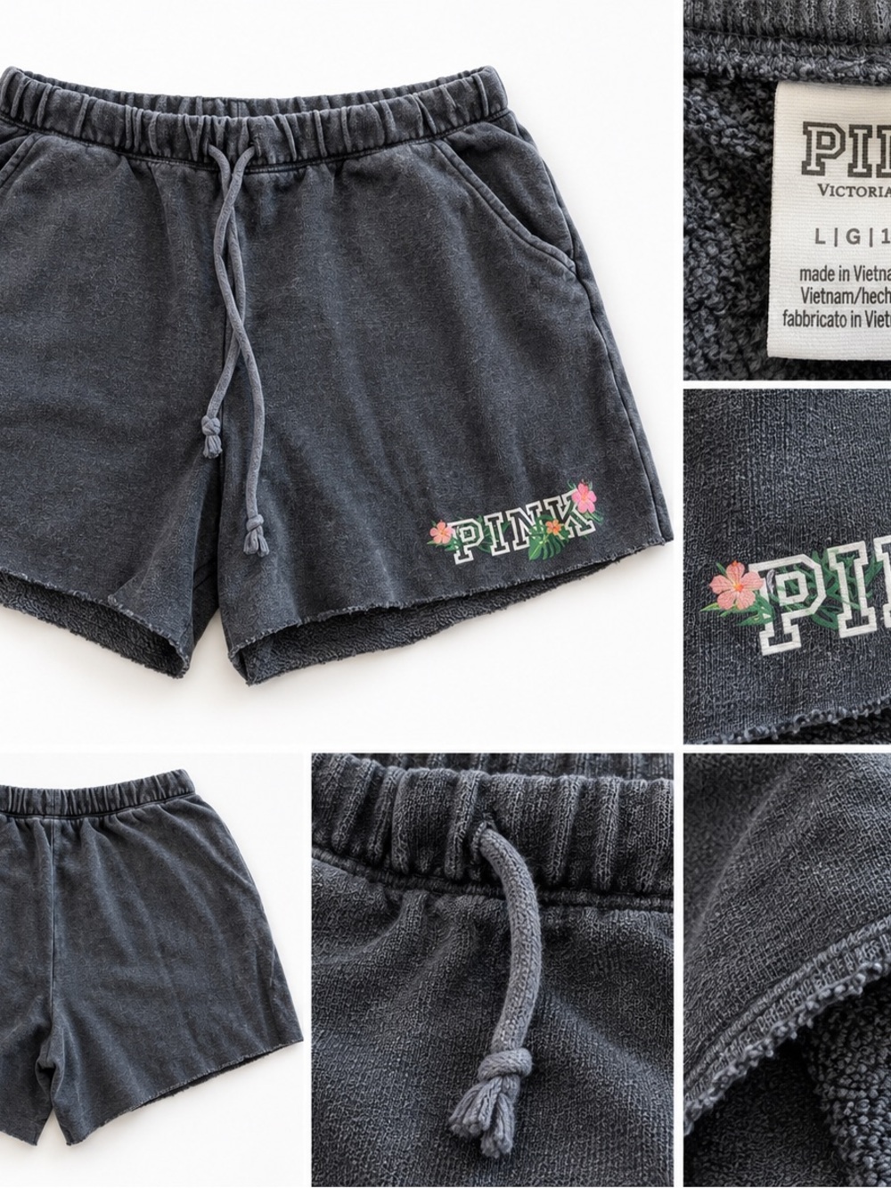 PINK Victoria's Secret Washed Charcoal Terry Shorts with Floral Logo